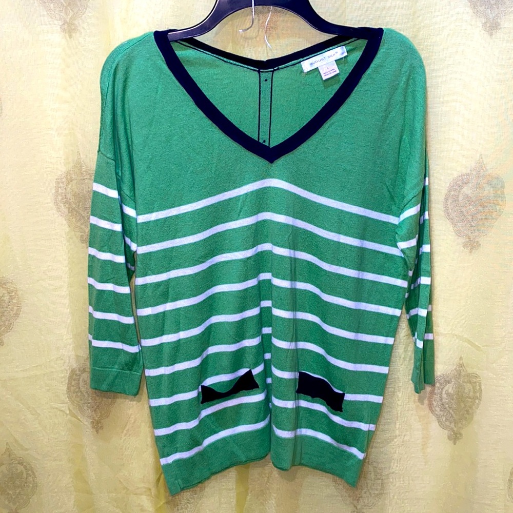 AUGUST SILK STRIPED LONG SLEEVE GREEN/WHITE V-NK SWEATER SZ L